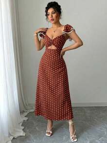 Vestido de estilo callejero elegante de mujer con lunares, hombros descubiertos y abertura en la cintura, ideal para vacaciones de verano - Amarillo - Ver 10