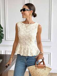 Blusa de encaje floral 3D con volante, elegante blusa de verano sin mangas de cuello redondo con dobladillo con volantes, para primavera, Día de San Valentín, carnaval, playa, fiesta, boda, elegante, vacaciones - Albaricoque - Ver 1
