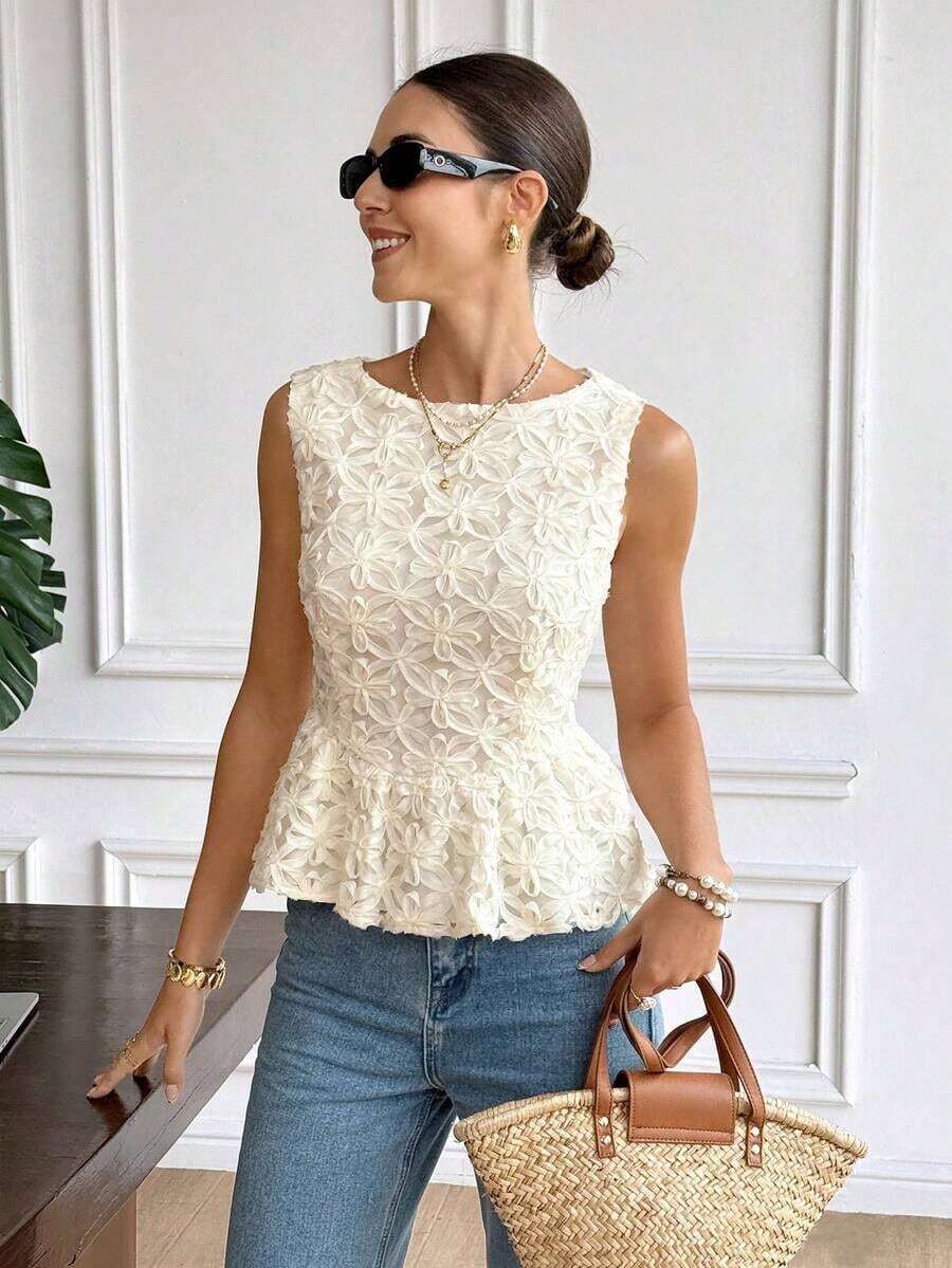 Blusa de encaje floral 3D con volante, elegante blusa de verano sin mangas de cuello redondo con dobladillo con volantes, para primavera, Día de San Valentín, carnaval, playa, fiesta, boda, elegante, vacaciones - Albaricoque - Ver 1
