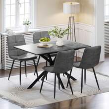 Luxstein Extendable Dining Table And Chairs Set Of 4, Concrete Effect Rectangular Table With Upholstered Linen Chairs For Dining Room, Kitchen - Concrete-colored Dining Table + PU Gray Dining Chairs - View 11