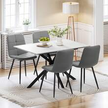 Luxstein Extendable Dining Table And Chairs Set Of 4, Concrete Effect Rectangular Table With Upholstered Linen Chairs For Dining Room, Kitchen - 大理石餐桌+麻灰色餐椅 - 查看 10