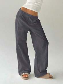 Pantalones rectos de cintura baja de algodón lavado de estilo casual para mujer en tono camello - Gris Oscuro - Ver 7