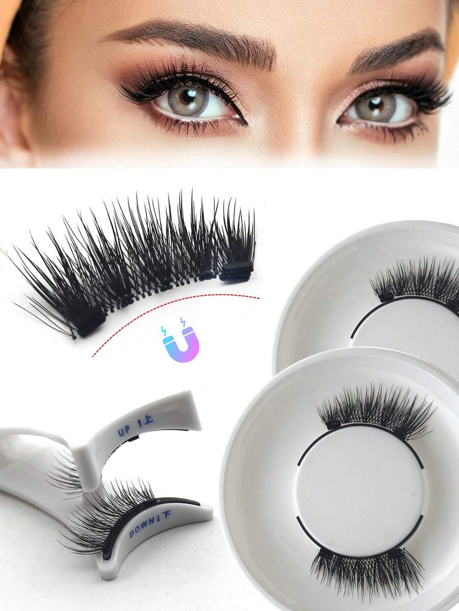 2 Pairs Magnetic False Eyelashes Individual Lashes Extension Tools Set Accessories Half Fake Eyelash Makeup Cosmetics - Black - View 1