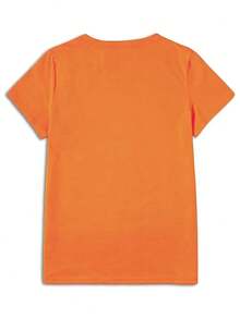 Alien Making Peace Sign With Digital Print Text Short Sleeve Unisex Pure Cotton Loose And Comfortable - 橘色 - 查看 2