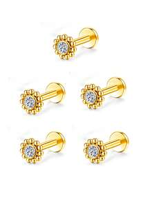 VJS 4pcs Fashionable Personalized Inlaid Different Size Round Cubic Zirconia Nose Studs, Pierced Nose Rings - Sunflower Style - View 6