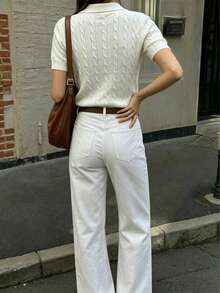 Women's Spring/Summer Series Cable Knit Pattern Turn Collar Short Sleeve Knit Top, Versatile Everyday Top White - White - View 5
