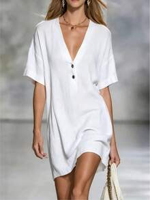 Women's Dress Casual Loose Fit Short Sleeve Button Front Dress Summer Lightweight Outfit - 黃色 - 查看 3
