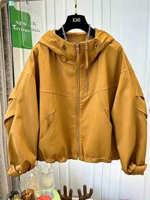 Chaqueta cortavientos con capucha de ajuste holgado para mujer, para primavera y otoño, chaqueta bomber corta versátil y de moda con diseño elegante - Cúrcuma - Ver 3