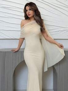 Vestido de gasa con cuello asimétrico y empalme de unicolor, estilo elegante para mujer - Albaricoque - Ver 1