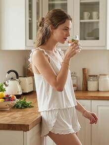 Women's Summer Pajamas Set Fashionable Solid Color Ruffle Tank Tops With Shorts 2Pcs Soft Sleepwear - White - View 2