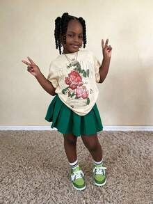 Girl's Cotton Round Neck T-Shirt, Casual And Comfortable Spring And Summer Short Sleeved Printed Top - Apricot - View 2