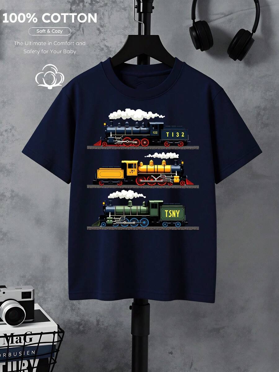 100% Cotton T-Shirt For Boys, With Vintage Steam Locomotive Design, Machine Washable, Suitable For All Seasons, Ideal For Outdoor Activities, Soft And Knitted, Comfortable And Breathable, With Cute And Interesting Designs. - 酒紅色 - 查看 1