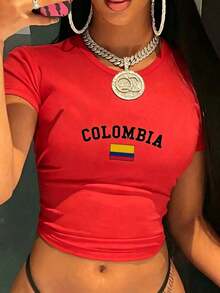FNI Fusion Colombia Print Round Neck Top Womens ClothingWomen's Plus Size Cropped Short Sleeve Tops,Spring Outfits, Spring Break Casual Daily Wear. - 紅色 - 查看 12