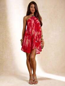 Women's Casual Mini Dress With Spaghetti Straps, Open Back, Ruffles, And An Asymmetrical Hem In A Green Ombré Effect. Perfect For Beach Vacations, Spending Time With Sisters, Or Everyday Wear. A Stylish Green Ombré Mini Dress. - 杏色 - 查看 8