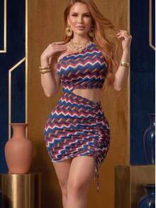 One Shoulder Asymmetrical Mini Dress With Side Slit And Ruched Detail – Boho Luxe Resort Style. - Blue - View 4