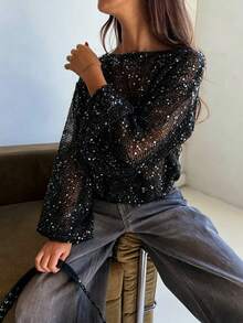 Áo kiểu nữ Just Masa thời trang đính sequin, áo top tay dài cổ tròn xuyên thấu đính hạt gợi cảm, phù hợp mặc hàng ngày, lễ hội, đi chơi, đi biển, du lịch, hẹn hò và dự tiệc - màu đen - Xem 6
