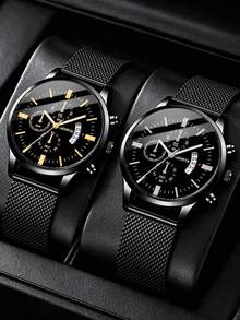 1pc Casual Men's Quartz Watch, Minimalist Round Dial, Metal Mesh Strap, Best Gift For Men, Suitable For Holidays And Daily Wear - Black - View 7