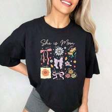 Women's Vintage Retro Printed Loose Fit T-Shirt, Cotton Graphic Crew Neck Tee, Inspirational Floral Print Bow Tee, Casual Short Sleeve T-Shirt, Perfect Gift Idea For Mother's Day. - 黑色 - 查看 1