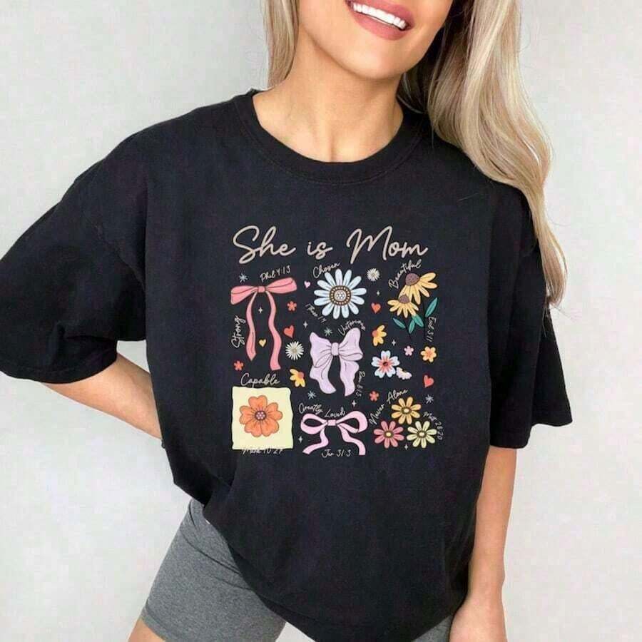 Women's Vintage Retro Printed Loose Fit T-Shirt, Cotton Graphic Crew Neck Tee, Inspirational Floral Print Bow Tee, Casual Short Sleeve T-Shirt, Perfect Gift Idea For Mother's Day. - 黑色 - 查看 1