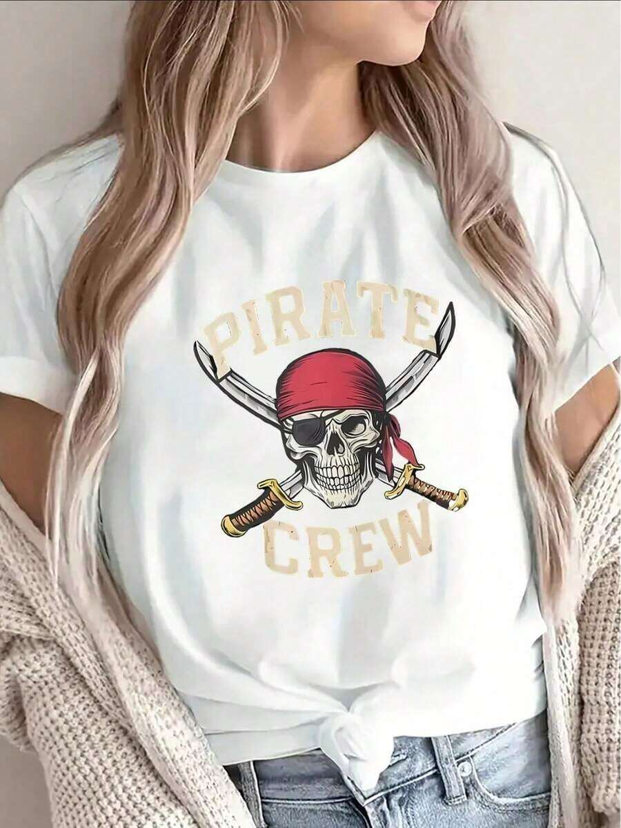 Regular Fit, Lightweight Short-Sleeved T-Shirt With A Striking Print Design, Perfect For Lounging At Home, Dinners Or Beach Outings - Pirate Skull Design T-Shirt, A Great Summer Gift Idea. - 白色 - 查看 1