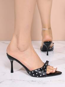 Black Polka Dot Satin Bowknot Pointed Toe Stiletto Mule Shoes, Suitable For Workplace, Dating, And Daily Wear, Elegant Design - Black - View 9