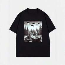 1 Pc Unisex Short-Sleeved T-Shirt In Black And White With Alien And Cat Print, Perfect For Everyday Wear For Science Fiction Enthusiasts. 180g 100% Cotton - 白色 - 查看 5