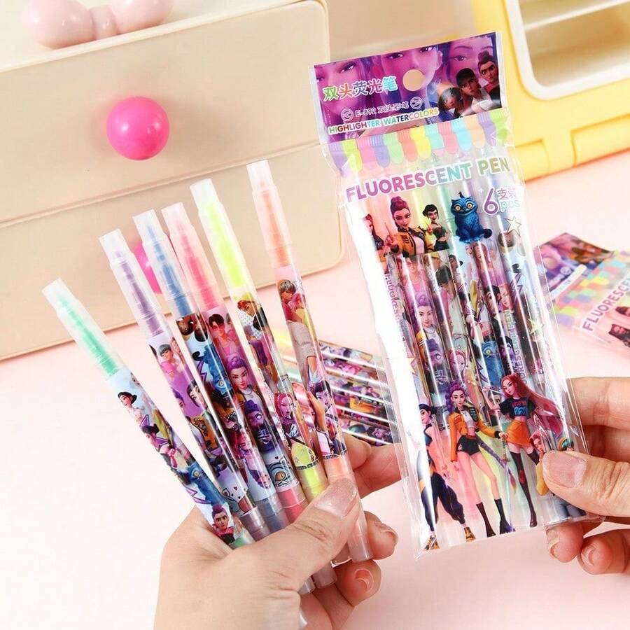 6支K-POP D-Emon H-Unters主題雙頭螢光筆,卡通角色印花學生螢光筆,彩色筆可用於剪貼簿 - 彩色 - 查看 1