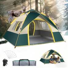 SKYNEST Automatic Instant Setup Camping Tent, 1-3/3-4 Person All-Season Tent With Dual Doors & Mesh Windows, Windproof Lightweight Green/Beige Tent For Camping, Hiking, Hunting, Travel, Outdoor Shelter, Campers Accessories, Camping Tent, Gift - 雙門雙窗 - 查看 8