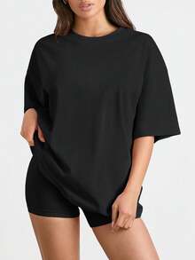 Camisetas de manga corta para mujer, camisetas casuales de talla grande, camisetas básicas de cuello redondo para entrenamiento de verano, camisetas versátiles. - Negro - Ver 3