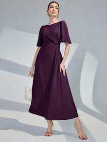 Vestido largo de noche con cuello redondo, volantes y mangas cortas de unicolor para mujer - Morado - Ver 5
