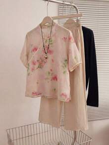 Regalo para mamá, blusa bordada con flores, camisa suelta y elegante de manga corta adecuada para salidas de primavera, vacaciones y reuniones familiares en verano - rosa albaricoque - Ver 5