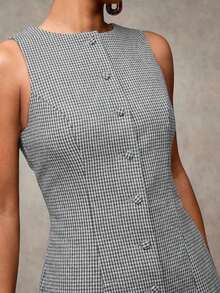 Vestido corto sencillo de mujer casual de mezcla de lana a cuadros con cuello redondo, sin mangas y con botones delanteros, adecuado para la oficina, formal y uso diario - Negro 2 - Ver 2