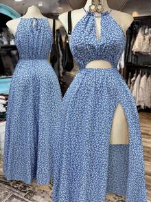 Vestido maxi de mujer talla con abertura y escote halter, romántico francés, lindo, elegante, vintage con estampado floral verde pequeño para verano y playa - Azul 3 - Ver 10