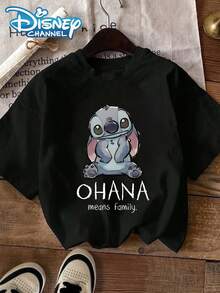 Disney "Lilo & Stitch" Printed Women's T-Shirt, Casual Crew Neck Short-Sleeved Shirt, Suitable For Leisure Wear - 黑色 - 查看 6