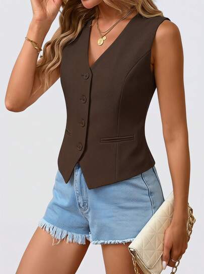 Áo vest nữ thanh lịch, áo khoác không tay công sở thường ngày, áo vest mùa hè