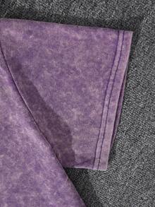 Camiseta Plus Size Feminina Vintage Lavada com Gola Redonda e Manga Curta, Estampa de Beisebol e Cachorro-Quente Vintage Americano, Uso Casual de Verão - Roxo - Visão 4