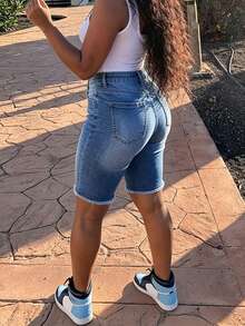 Quần lửng denim cạp cao dáng ôm, rách gấu, giặt mài, kiểu dáng mùa hè. - Màu xanh lam - Xem 5