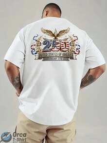 Camiseta de manga corta de estilo retro americano con estampados en la parte delantera y trasera que presentan un diseño conmemorativo del 250º aniversario, adecuada para uso diario en verano y como regalo de temática patriótica para amigos y familiares. - Blanco - Ver 3