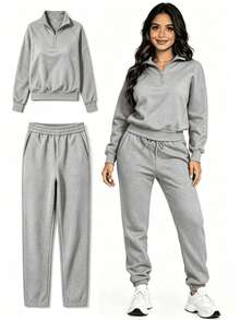 Women's Two-Piece Tracksuit With Half Zip And Matching Pants - 灰色 - 查看 2