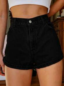 Shorts de mezclilla sin estiramiento con bolsillos y bordado para adolescentes y estudiantes femeninas - Negro - Ver 2
