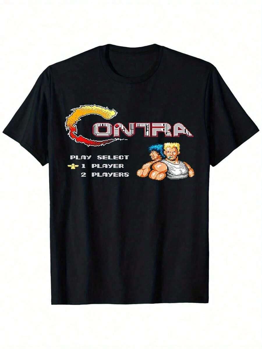 Playera Estilo Actor Famoso Camiseta Negra Con DiseñO Inspirado En "CONTRA" - Camiseta Retro Genial Para Amantes De Los Videojuegos, Con Un Llamativo DiseñO De "CONTRA", Degradados De Llama, Texto "Play Select" Y Personajes De Pixel Art En Poses De AccióN. Perfecto Para Jugadores Y Fans De Los CláSicos Juegos Arcade De Los 80, Es Una OpcióN Ideal Tanto Para Uso Casual Como Para Actividades De Juego. Camiseta Unisex De AlgodóN De Manga Corta Y Cuello Redondo, Estilo Vintage Urbano. - Negro - Ver 1