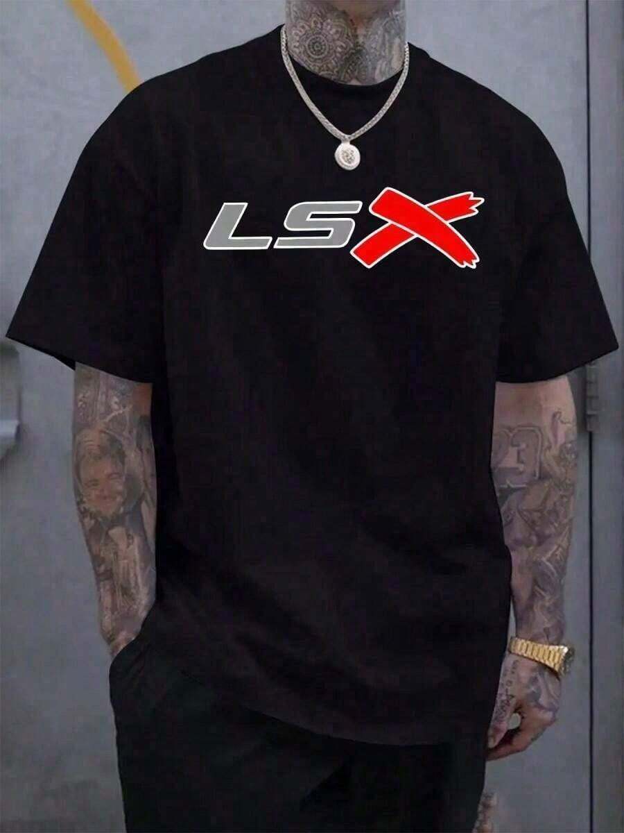 Camiseta casual de manga corta con cuello redondo para hombres - Negra con impresión gráfica en negrita "LSX", mezcla de poliéster ligera para uso al aire libre en verano, camiseta de algodón puro de alta calidad de 220g con impresión minimalista, tela suave y transpirable, cómoda y holgada, adecuada para uso diario, adecuada para ropa casual de oficina, apariencia diaria de primavera y verano, diseño elegante y juvenil. - Negro - Ver 1