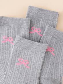 4 Pairs Women's Mid-Calf Socks, Bowknot Vertical Stripes, Breathable, Casual, Lightweight, Elastic, Daily All-Season Style - Grey - View 2