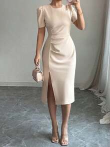 Vestido elegante de mujer de unicolor, cuello redondo, manga corta abullonada y hombros recortados - amarillo ganso - Ver 7