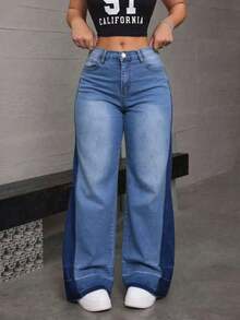 Jeans rectos de mezclilla azul oscuro efecto levantador de glúteos elásticos sueltos - Azul lavado medio - Ver 8