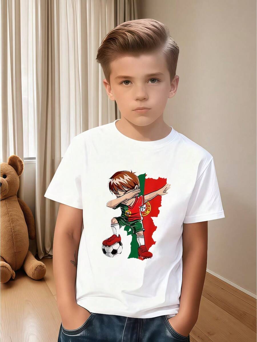 Portuguese Football Short-Sleeve T-Shirt With Dynamic Dance Design, Eye-Catching Top For School Outings At Home For Kids, A Great Gift For Football Fans, Portuguese Flag Print Football T-Shirt, Comfortable And Skin-Friendly Short Sleeves, A Stylish Football Gift For Dual Use At Home And Outdoors - 白色 - 查看 1