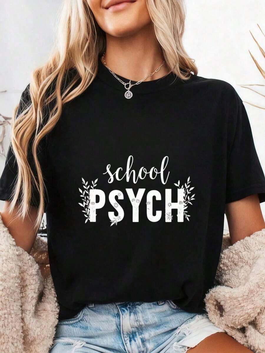 School Psychologist T-Shirt, Floral School Psychologist T-Shirt, School Psychologist Gift, Psychology Graduate Gift, School Psychologist Gift, Back To School Gift Mug, 100% Cotton - 黑色1 - 查看 1