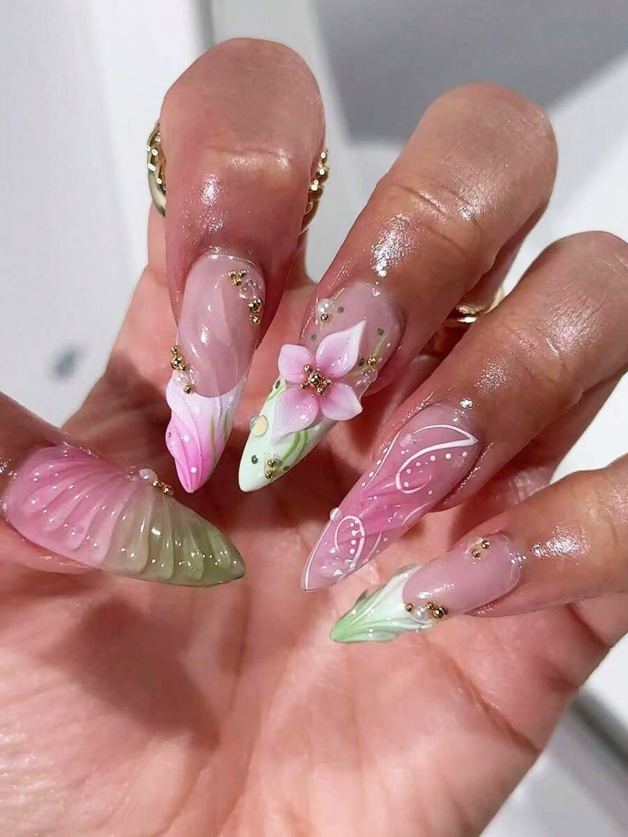 Bộ 24 miếng dán móng tay 3D hình nhọn màu hồng và xanh lá cây mùa xuân, thiết kế lá vàng sang trọng với chất liệu gel dẻo, phù hợp cho các cô gái ngọt ngào, lý tưởng cho các buổi hẹn hò, tiệc tùng, dã ngoại, miếng dán móng tay nghệ thuật bắt mắt không cần nung. - Màu Hồng baby - Xem 1