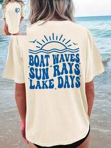 100% Cotton T-Shirt - [Double-Sided Print][Directional]Boat Waves Sun Rays Lake Days Letter Print Short-Sleeve Round Neck T-Shirt - Vintage Street Style Unisex Loose Cotton Short Sleeve Crew Neck T-Shirt- Festival Outfits - Vacation Outfits Women - Summer Tops For Women - White Top - 杏色 - 查看 1