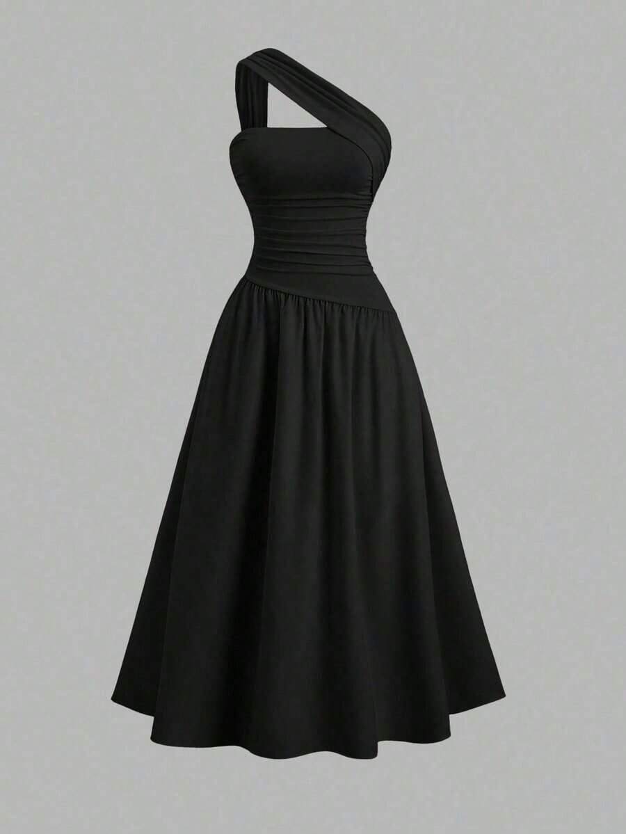 Vestido bandeau ajustado con hombros oblicuos para mujer - Negro - Ver 1
